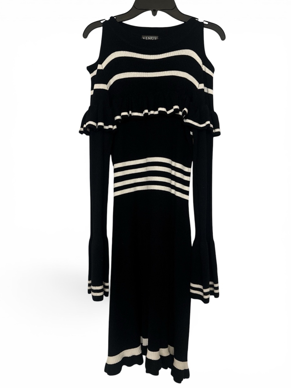 VENUS Black and White Striped Cold-Shoulder Knit Dress
